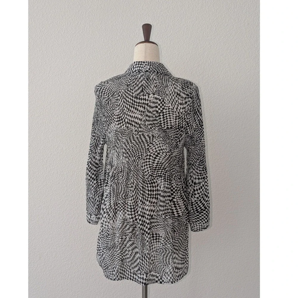 Sunny Leigh Checkerboard Button Down Tunic Blouse Black White Medium